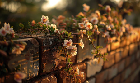 Old brick wall with beautiful flowers. Shallow depth of field.の素材