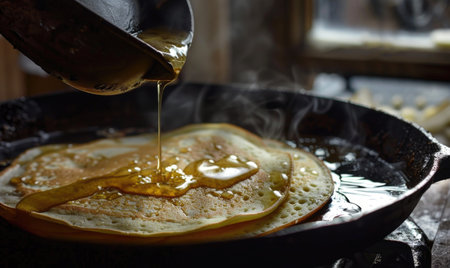 Pancakes with honey in a frying pan, close-upの素材