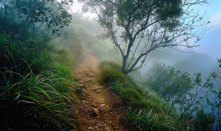 Mysterious dark forest with mossy trees and fog in the backgroundの素材