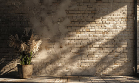 minimalistic interior of room with a brick wall and a plantの素材