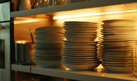 Stack of clean dishes in kitchen, closeup. Cleaning serviceの素材