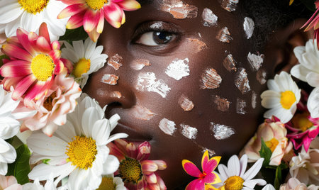 Close-up portrait of African American woman with creative make-up and flowersの素材