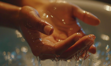 Woman washing her hands in a bathtub with water, close upの素材