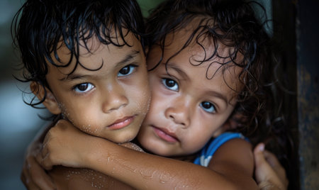 Portrait of two little girls looking at camera in the rain.の素材