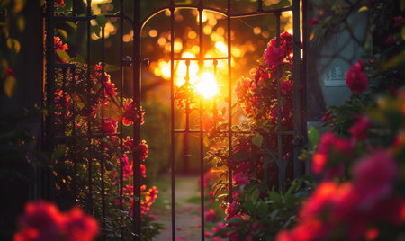 Sunset through the gate of a rose garden with blooming flowersの素材