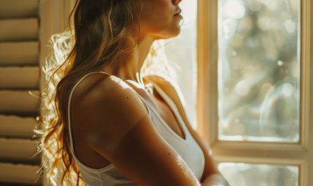 Portrait of a beautiful girl in a white T-shirt on a window backgroundの素材