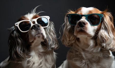 Two Cavalier King Charles Spaniel dogs wearing sunglasses, studio shotの素材