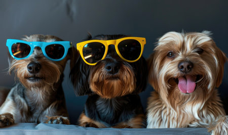 Group of yorkshire terrier dogs with yellow sunglasses on gray backgroundの素材