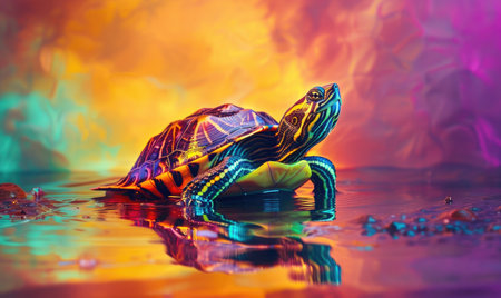 Turtle in the water on a background of the orange and purpleの素材