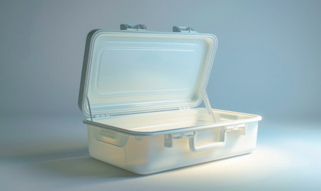 Travel suitcase on wheels in front of a white wall with shadow.の素材