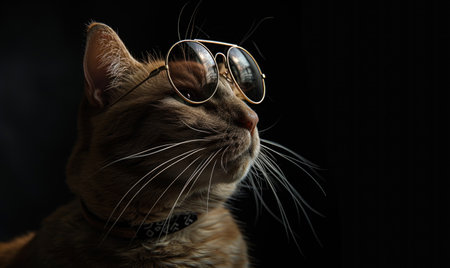Close up of a cat wearing sunglasses on black background with copy spaceの素材