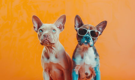 two French bulldog wearing sunglasses on gradient background in neon light.の素材