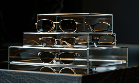 Sunglasses on display in a shop window, close-upの素材