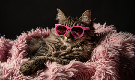 Siberian cat wearing pink sunglasses on a pink fur background.の素材