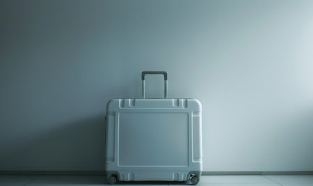 Travel suitcase on wheels in front of a white wall with shadow.の素材