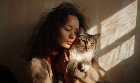 Beautiful young woman in a warm sweater with a cat in her arms.の素材