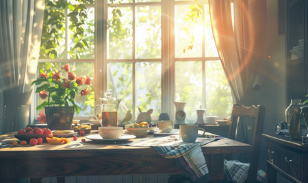 Breakfast in the morning at home. A table with a cup of tea and croissants.の素材