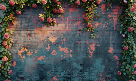 Grunge brick wall background with red roses and green leaves.の素材