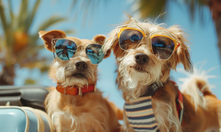 Two dogs in sunglasses on the background of palm trees and blue skyの素材