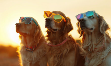 Golden retriever dogs in sunglasses at sunset. Dogs in sunglasses. Travel and tourismの素材