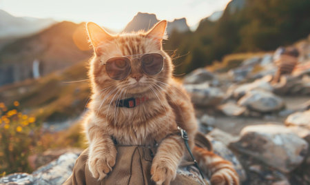 Cute ginger cat with sunglasses on the background of mountains and sunset.の素材