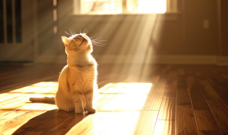 A cat is sitting on the floor in front of the sun.の素材