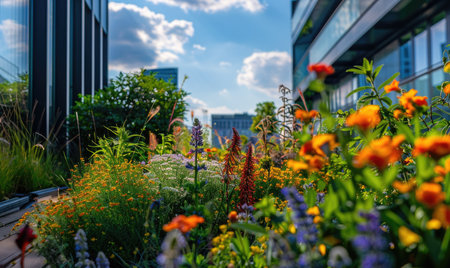 Urban rooftop garden. Modern skyscrapers, view from a terrace.の素材