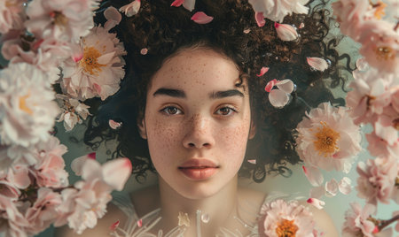 Portrait of a beautiful young girl with curly hair in a bath with flowersの素材