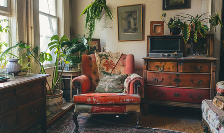 Interior of a living room with a vintage furniture and a sofaの素材