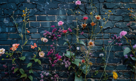 Flowers on the brick wall, vintage style, soft focus.の素材