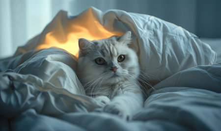 Persian cat lying on the bed under the blanket at home.の素材
