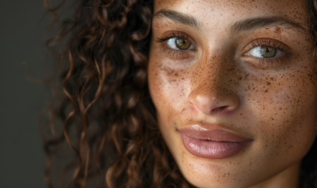 Close up portrait of a beautiful young woman with freckles on her faceの素材