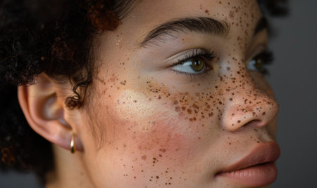 Close-up portrait of a beautiful girl with freckles on her faceの素材