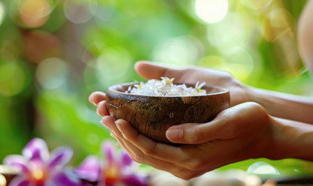 Woman hands holding wooden bowl with water and flowers in spaの素材