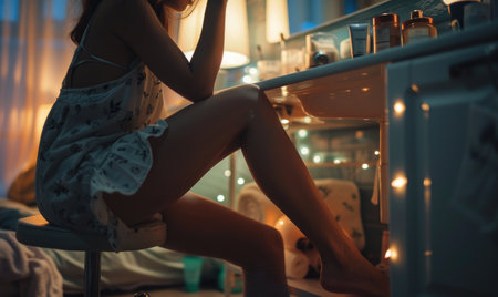 Young woman preparing for skin care routine.の素材