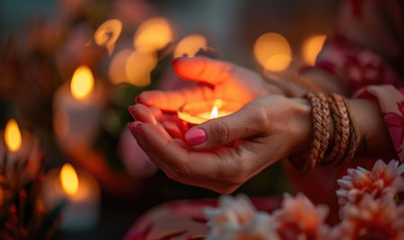 Close up shot of female hands holding a burning candleの素材