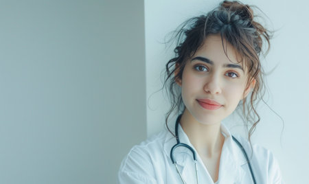 Portrait of a beautiful young woman doctor with stethoscope.の素材