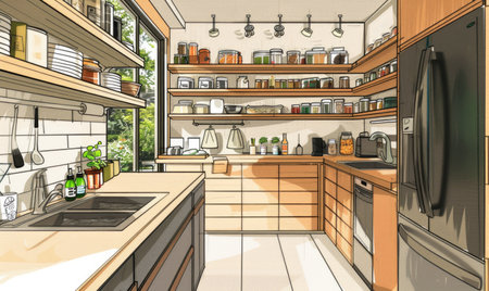 Interior of a modern kitchen. Drawing in sketch style.の素材