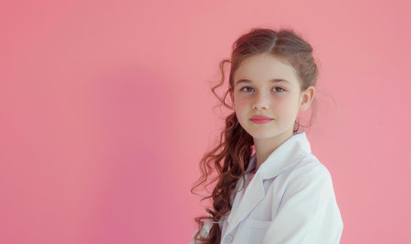 Portrait of a little girl in a white coat on a pink background.の素材