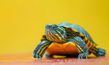 turtle on yellow background. close-up of a turtleの素材