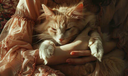Beautiful ginger cat sleeping on woman's hand, close-upの素材