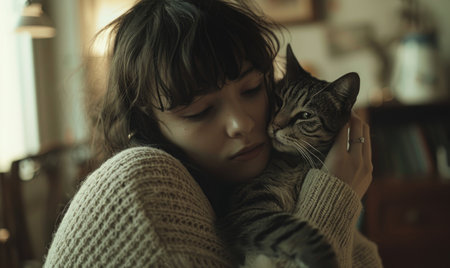 Beautiful young woman hugging her cat in the room at home.の素材