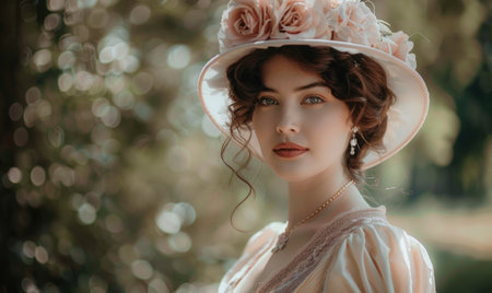 Portrait of a beautiful young woman in a hat and dress.の素材