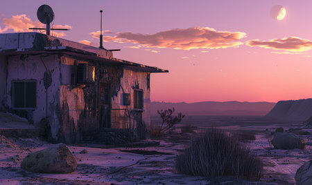 Abandoned house in the desert at sunset.の素材