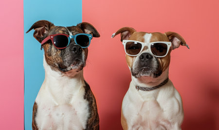 Two dogs with sunglasses on pink and blue background. Studio shot.の素材