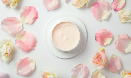 Blank creme jar mockup encircled by pastel flower petals on a white background, top viewの素材