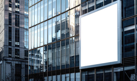 Blank screen banner mockup displayed on the modern building facade. Close Up view.の素材