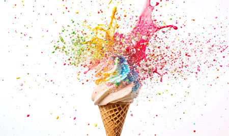Ice cream cone explosion on white backgroundの素材