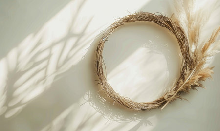 Delicate rattan frame on minimalistic natural material flat background, space for textの素材