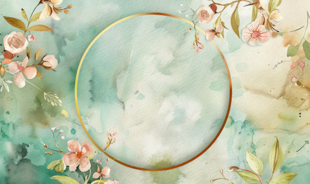 Golden minimalistic frame on watercolor floral backgroundの素材